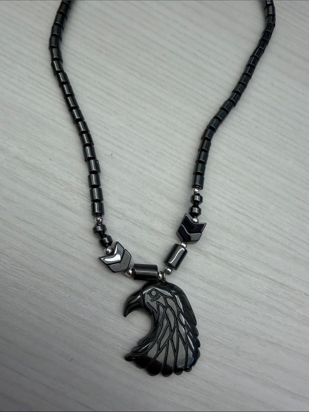 Hematite Eagle Wing Pendant Beaded Necklace